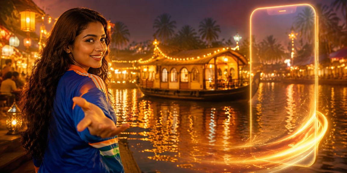 Evening market near Kerala backwaters with lights